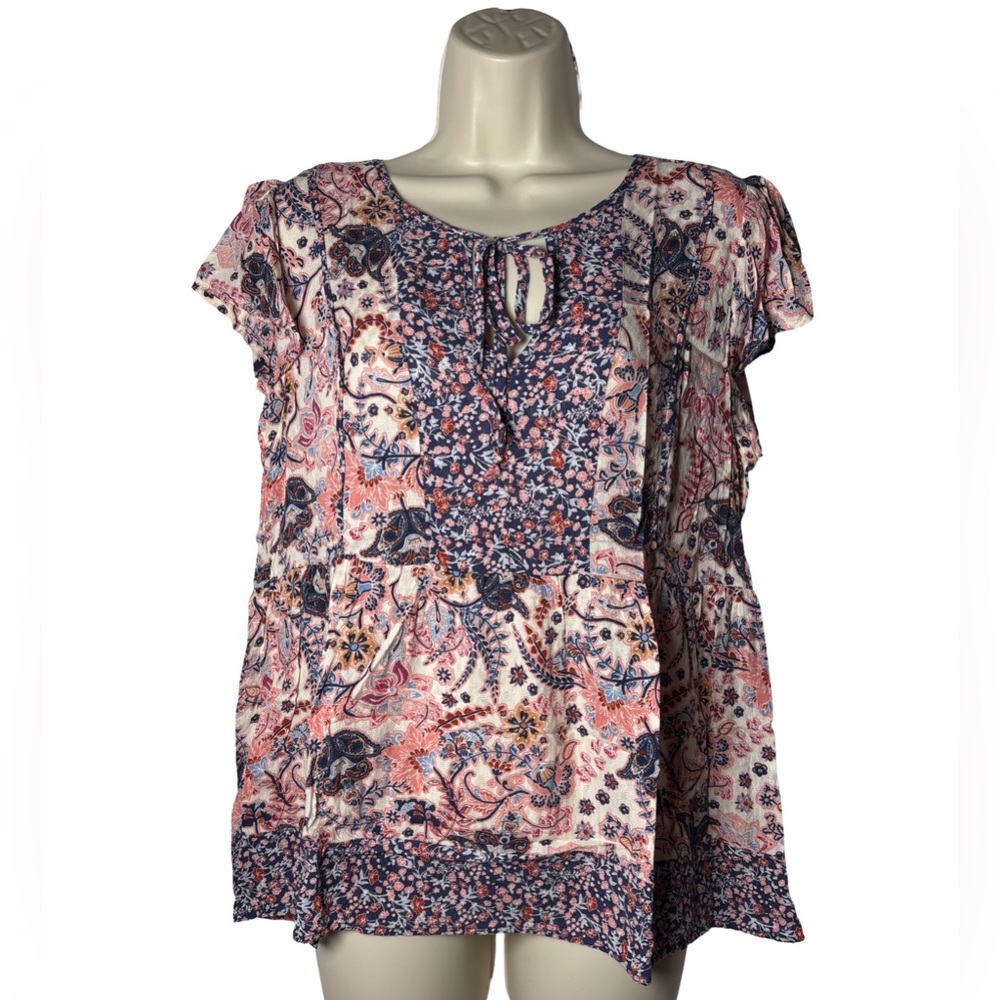 Mason & Belle Stitchfix Women’s Bohemian Floral Tie Front Blouse Pink Navy SZ M